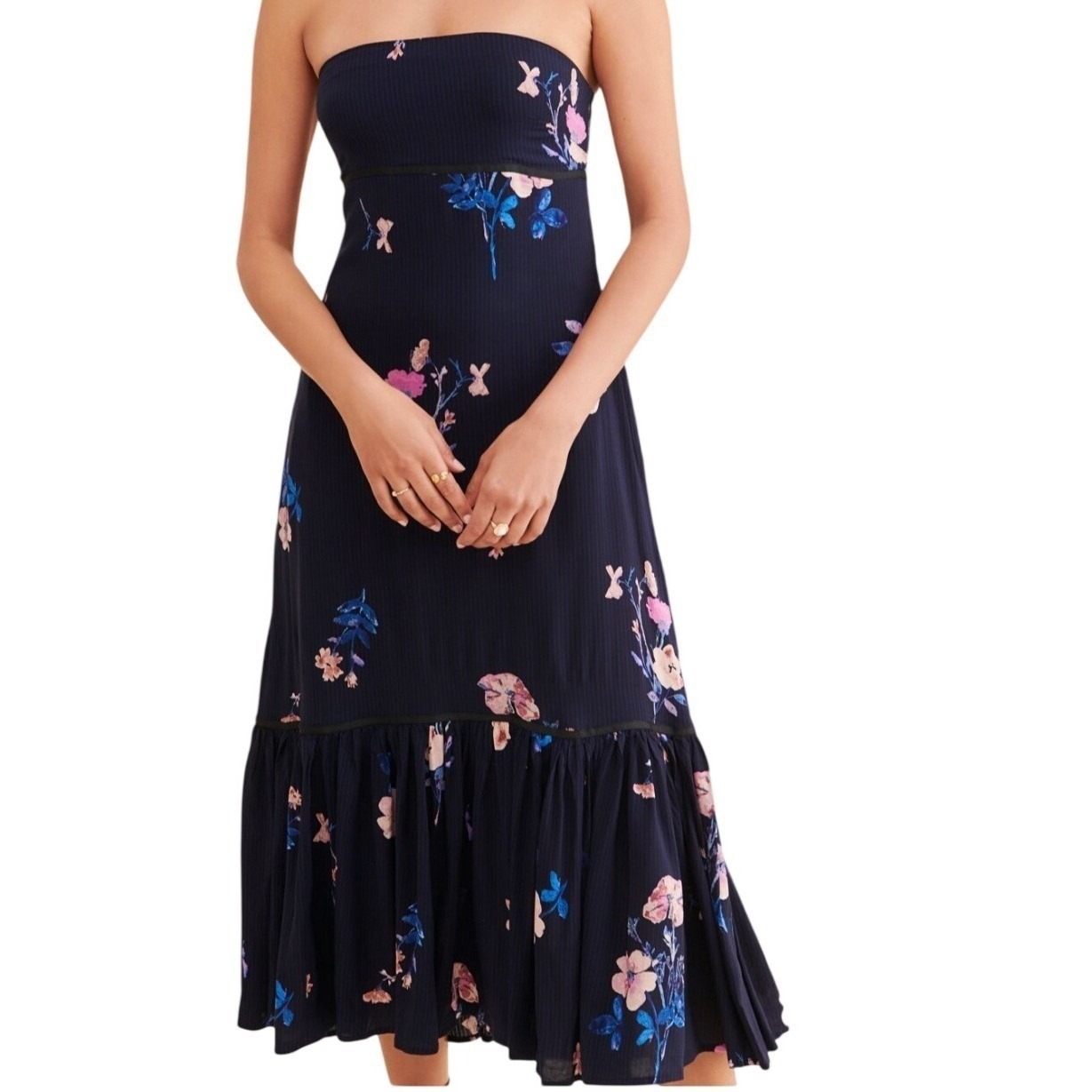 Free People Navy Floral Strapless Midi Dress Smocked Back Cutout Pockets Small S
